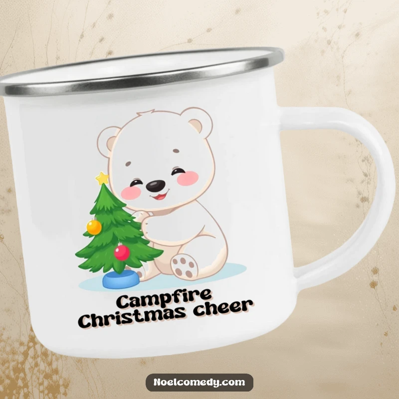 Funny camping mug illustration of a smiling polar bear cub decorating a small Christmas tree, ideal for festive outdoor enjoyment.