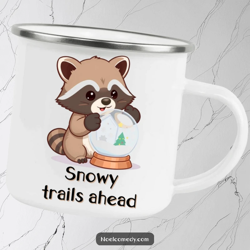 Funny camping mug with a raccoon in mittens shaking a snow globe, perfect for winter camping.