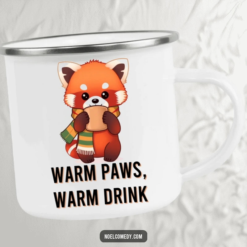 Funny Camping Mug: A red panda in a festive scarf holds a warm mug, ideal for outdoor sipping and adding humor to adventures.