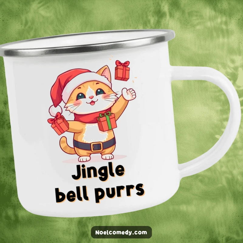 Funny cheerful Santa cat juggling tiny wrapped gift boxes, printed on a festive camping mug.