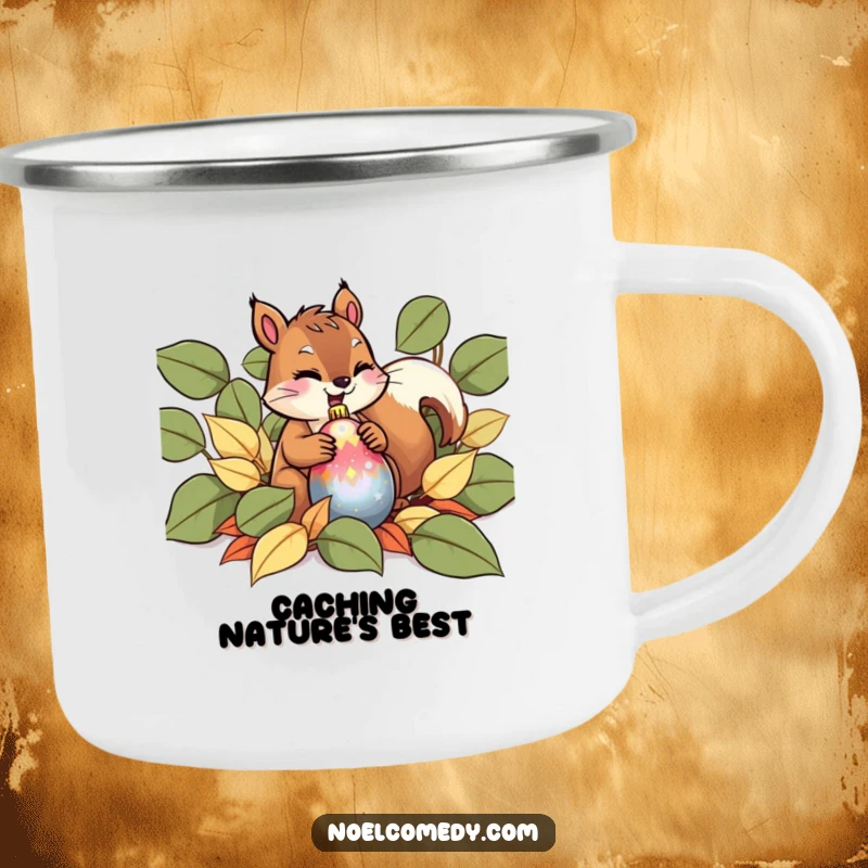 Funny Camping Mug showing a giggling squirrel hiding a shiny ornament in leaves, ideal for outdoor enthusiasts.