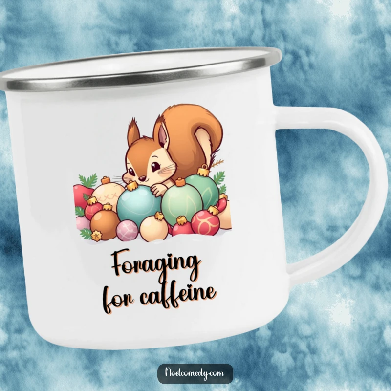 Funny camping mug featuring a curious squirrel peeking from behind holiday ornaments, designed for festive outdoor trips and enjoyment.
