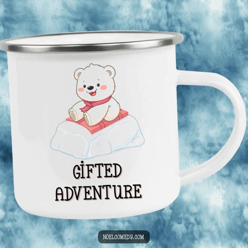 Funny Polar Bear Cub Camping Mug: A happy cub slides on a gift, ready for arctic adventures, durable and funny gift.