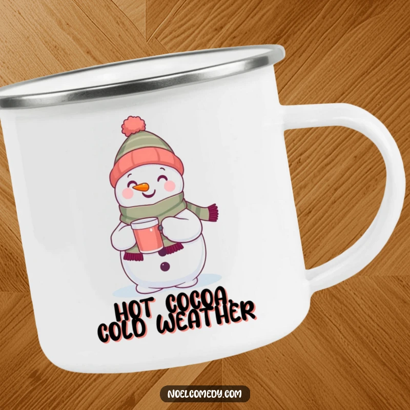 Funny camping mug showcasing a cheerful snowman with scarf and drink. Perfect for winter adventures.