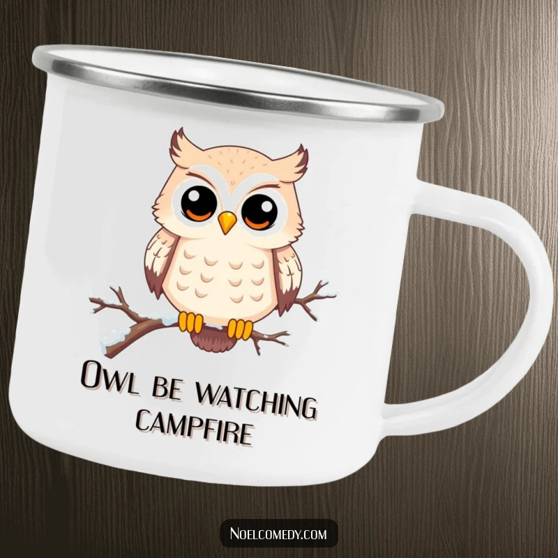 Funny camping mug showcasing a happy, wide-eyed owl on a snowy branch. Perfect for outdoor winter adventures.
