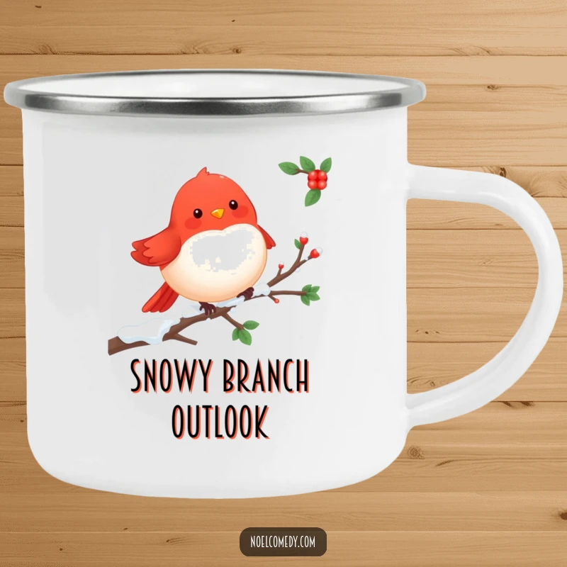 Cheerful Robin Camping Mug: A red robin perched on a snowy branch, a cheerful and durable companion for outdoor winter excursions.