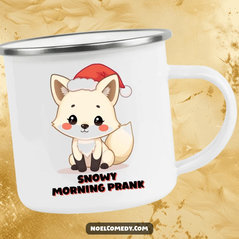 Funny arctic fox camping mug featuring a playful fox wearing a tiny Santa hat, perfect for holiday adventures and warm drinks.