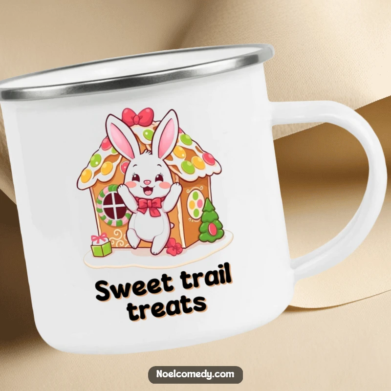 Funny camping mug showing a bouncing bunny decorating a gingerbread house, ideal for rustic holiday enjoyment.