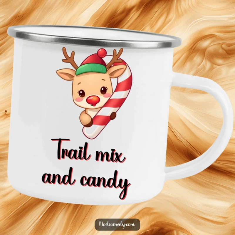 Funny cute reindeer with a glowing red nose, peeking from around a giant candy cane, printed on a festive camping mug.
