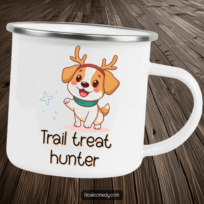 Funny Camping Mug showing a happy dog in a reindeer headband chasing a snowflake, ideal for outdoor lovers.