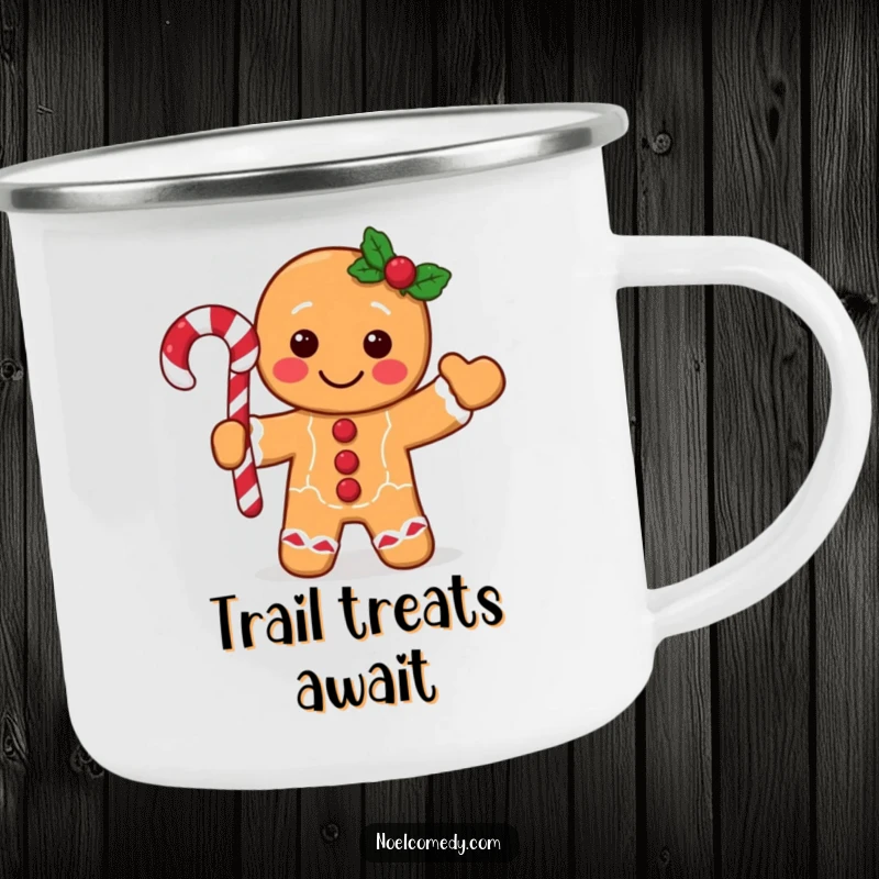 Funny gingerbread man camping mug with a cheerful character waving a candy cane, durable for outdoor use and festive fun.