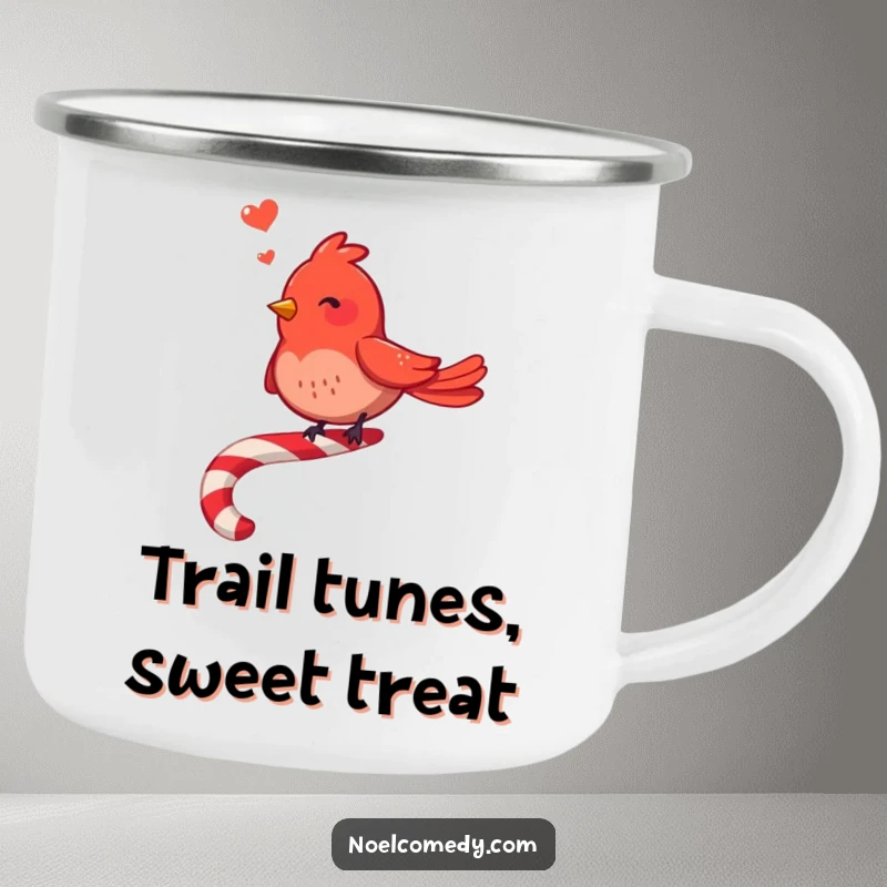 Funny Red Bird Camping Mug: A cheerful red bird sings on a candy cane, bringing holiday spirit to outdoor drinks.