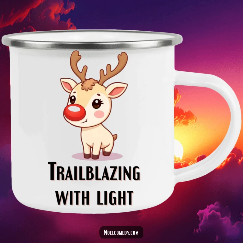 Funny Camping Mug: A cute reindeer with a glowing red nose, bringing festive cheer and humor to outdoor drinks.