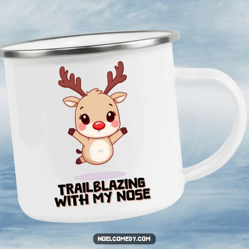 Funny camping mug featuring a hopping reindeer with glowing red nostrils, perfect for holiday outdoor experiences.