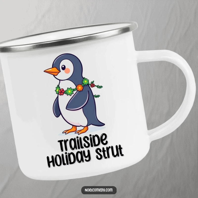Funny Penguin Camping Mug: A strutting penguin with a garland tail, perfect for adding holiday cheer to outdoor excursions.