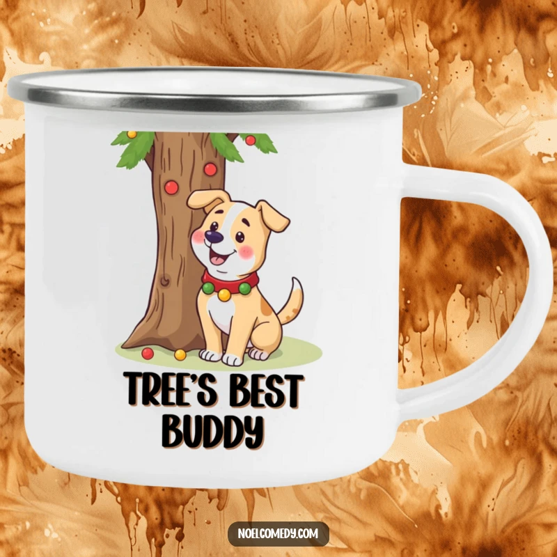 Funny camping mug with a cheerful dog in a festive collar wagging its tail near a holiday tree.