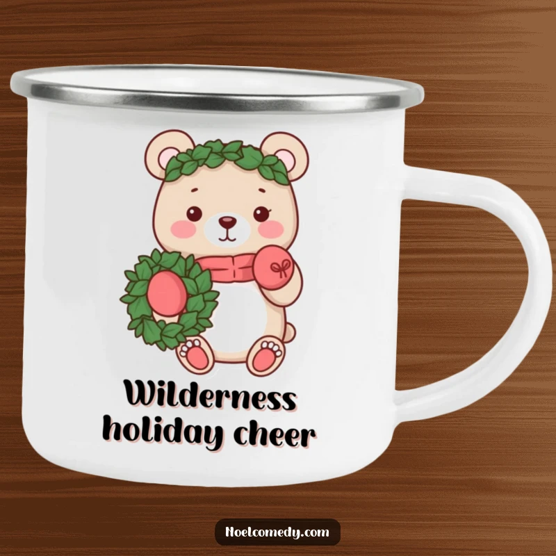 Funny camping mug showcasing a cheerful bear with mittens and a wreath. Perfect for outdoor holiday adventures.