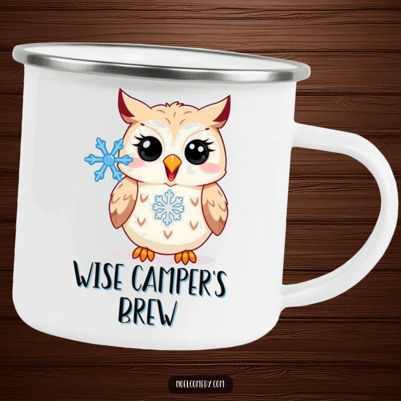 Funny Camping Mug: A happy owl hooting with a snowflake, ready for outdoor adventures and winter humor.