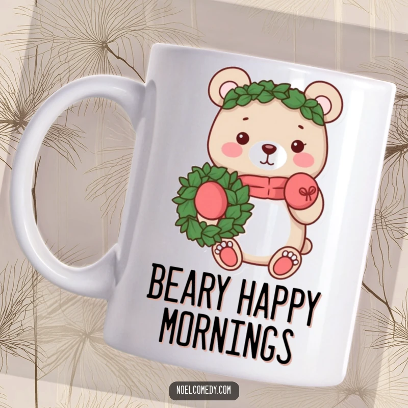 Funny mug showcasing a cheerful bear wearing mittens and holding a festive wreath, ready for the holidays. Perfect for bear lovers.
