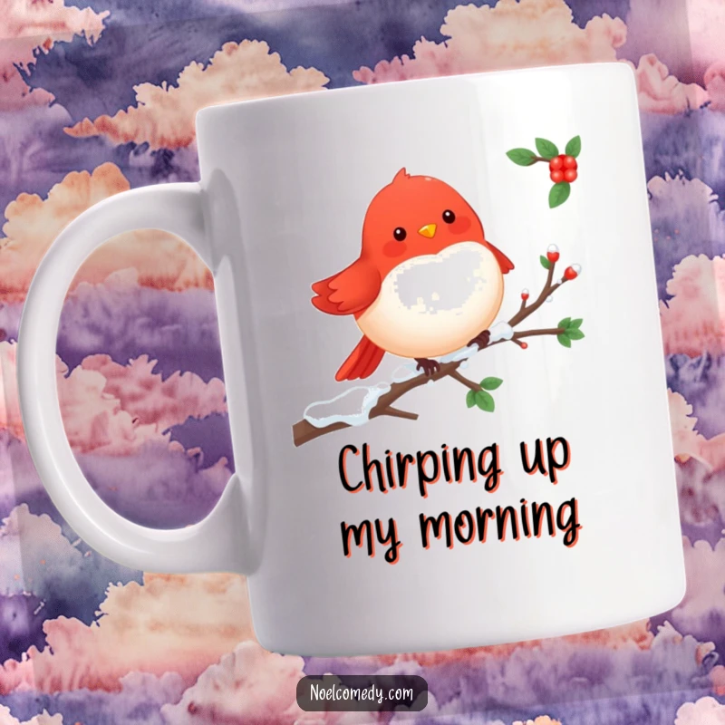 Cheerful Robin Mug: A happy red robin perched on a snowy branch, bringing a touch of vibrant life to a winter scene.