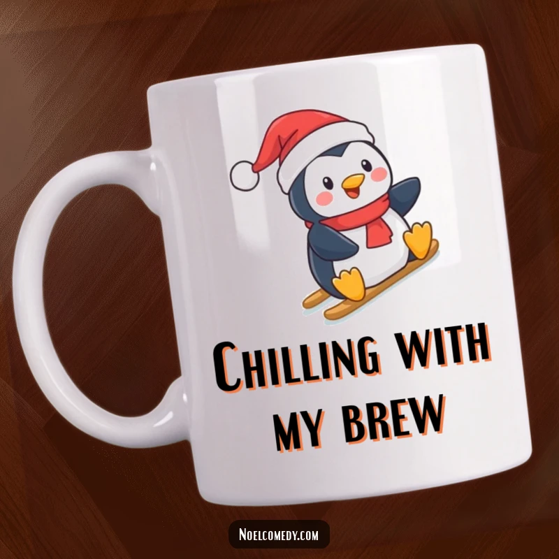 Funny Christmas Mug: A jolly penguin in a Santa hat gleefully slides down a snowy hill, embodying winter fun.