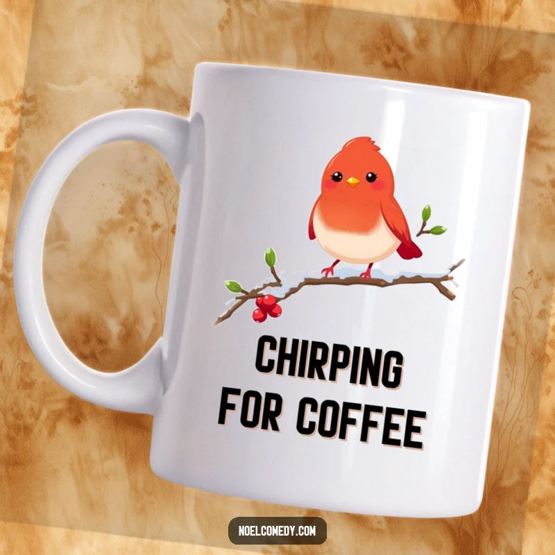 Funny red robin mug featuring a cheerful bird perched on a snowy branch, bringing winter delight to your drink.