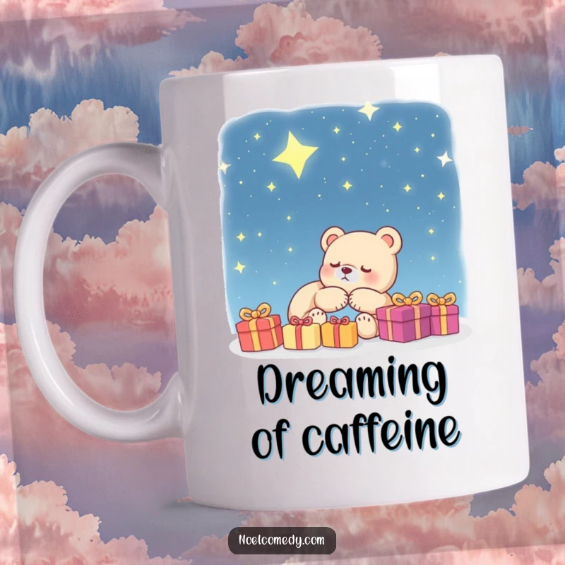 Funny Mug: A sleeping bear cub dreams of presents beneath a twinkling starry sky, evoking feelings of wonder and peaceful slumber.