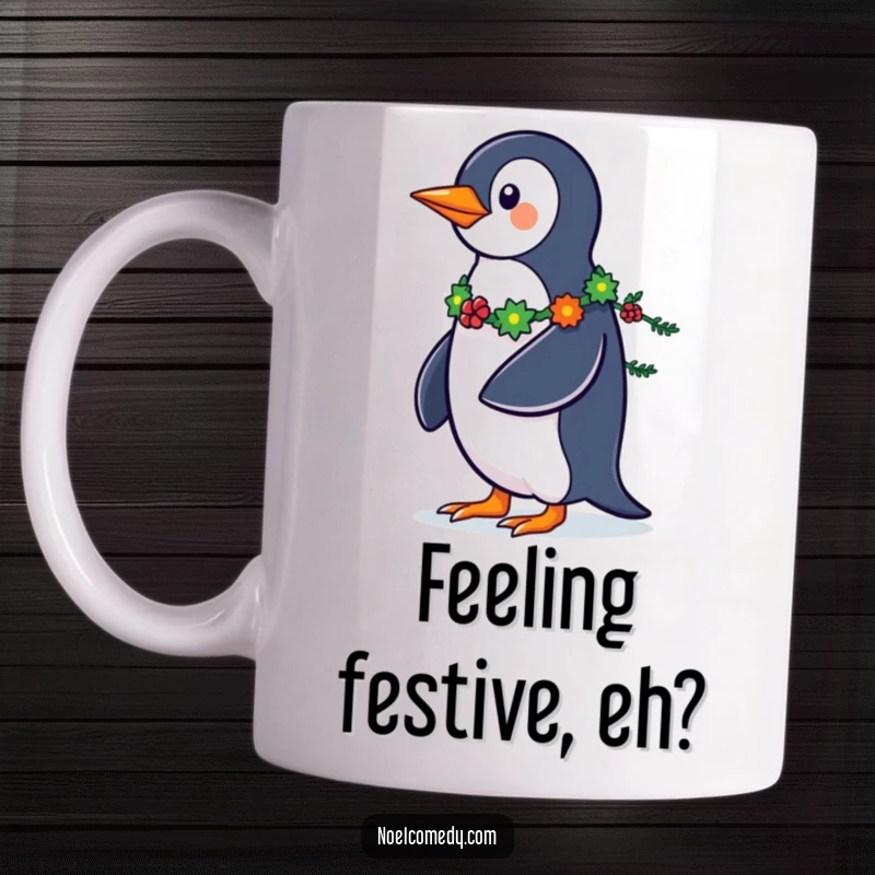 Funny Penguin Garland Mug: A strutting penguin proudly displays a tail made of festive garland, radiating holiday cheer.