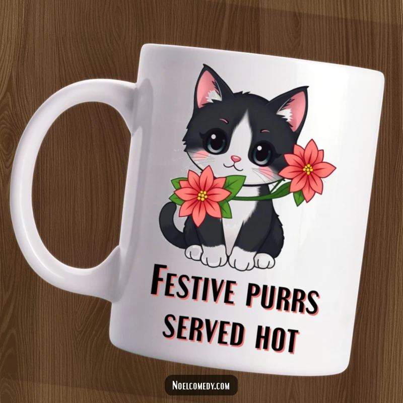 Funny mug featuring a cute black and white cat adorned with a festive poinsettia flower, celebrating the holidays.