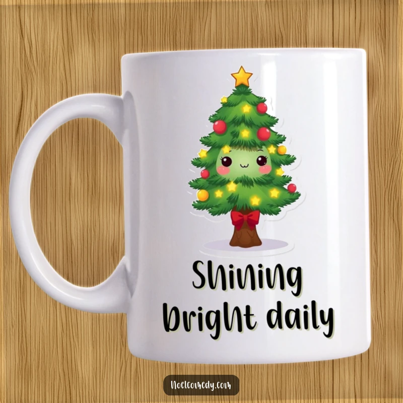 Festive Pine Tree Mug: A smiling pine tree character decorated with twinkling lights and stars, radiating holiday joy and charm.