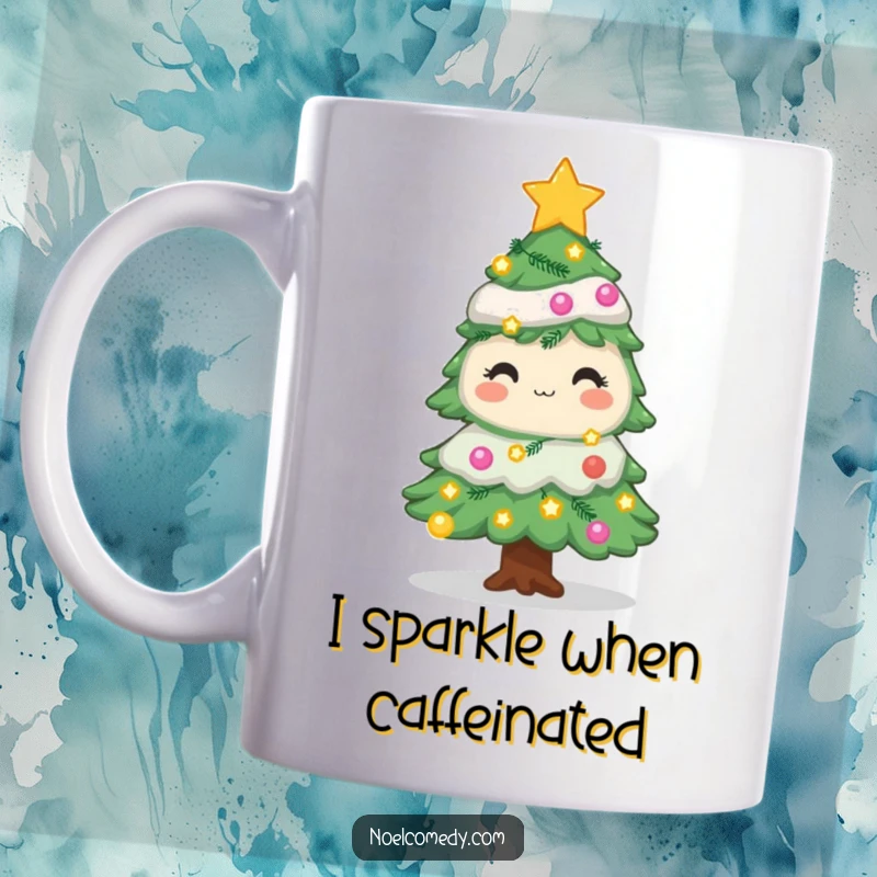 Funny Christmas tree mug featuring a decorated pine with twinkling lights and stars, spreading holiday cheer and festive vibes.