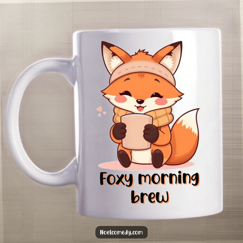Funny Mug: A happy fox wearing a thick scarf holds a steaming mug, embodying warmth and autumnal coziness.
