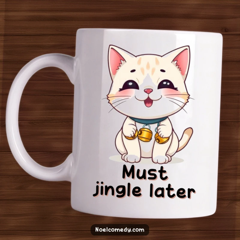 Funny Mug: A giggling cat with tiny jingle bells, radiating playful mischief and festive cheer, perfect for cat lovers.