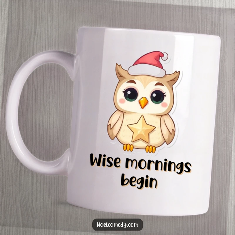 Funny mug featuring a delighted owl wearing a festive hat and holding a shimmering star.
