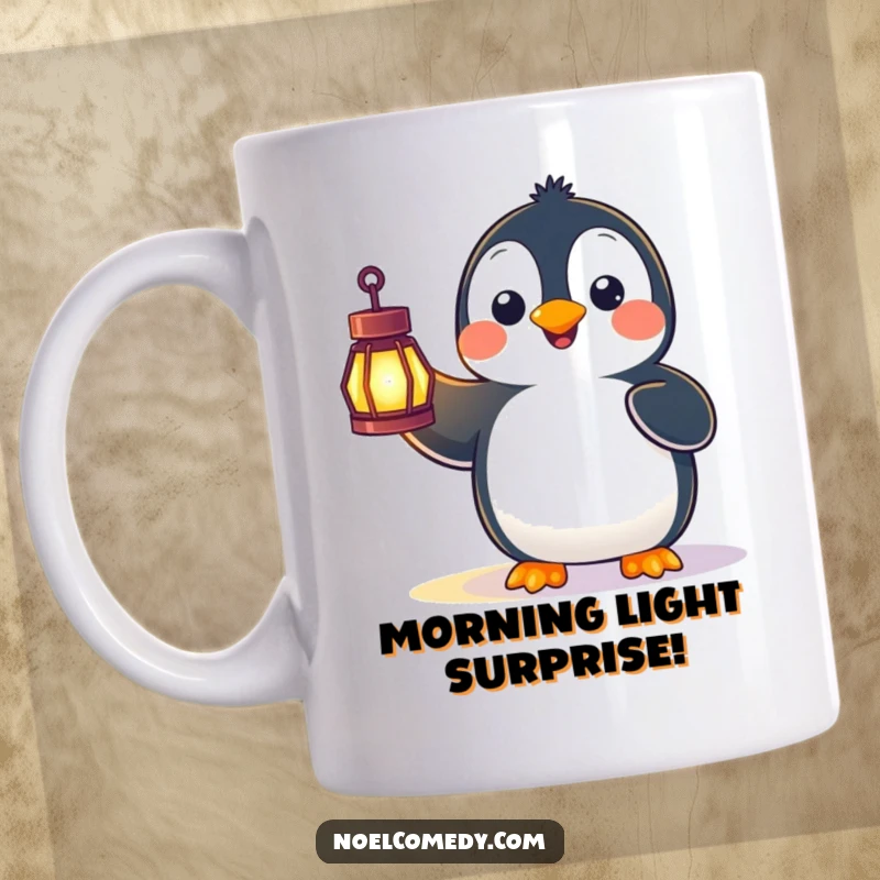 Funny mug featuring a happy penguin with wide eyes, surprised by a glowing lantern it holds aloft in the dark.