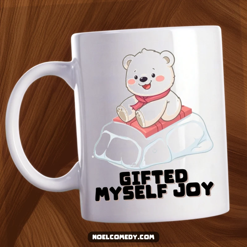 Funny Polar Bear Cub Ceramic Mug: A happy cub slides downhill on a gift box, bringing holiday cheer, a cute and funny gift.