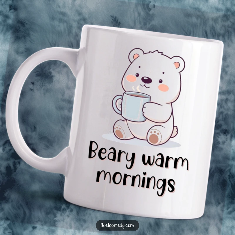Funny polar bear mug featuring a smiling bear holding a steaming mug, perfect for enjoying hot beverages with a cheerful vibe.