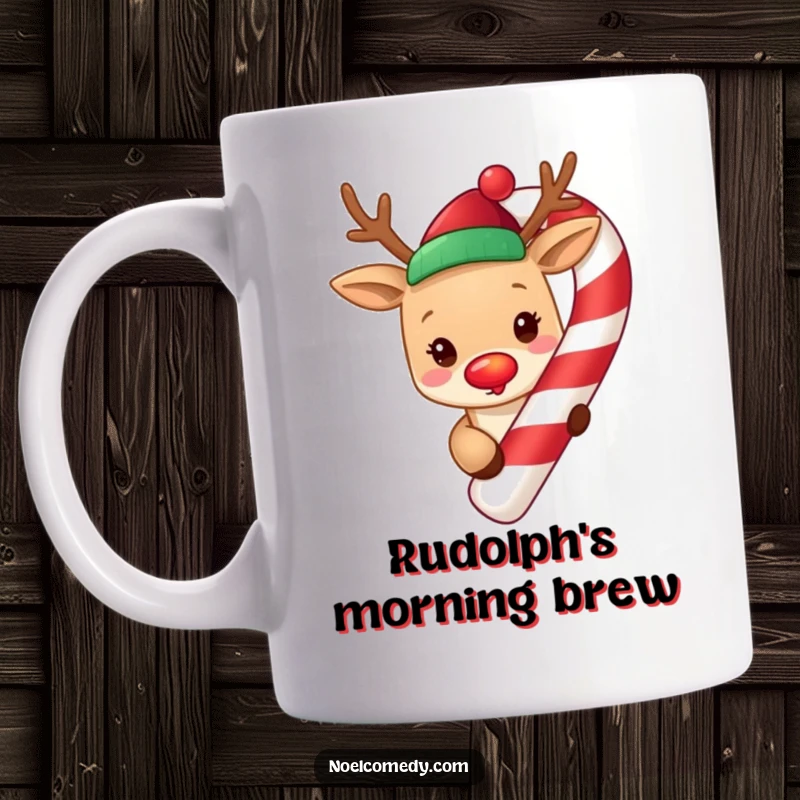 Funny cute reindeer with a glowing red nose, peeking from around a giant candy cane, on a festive holiday mug.