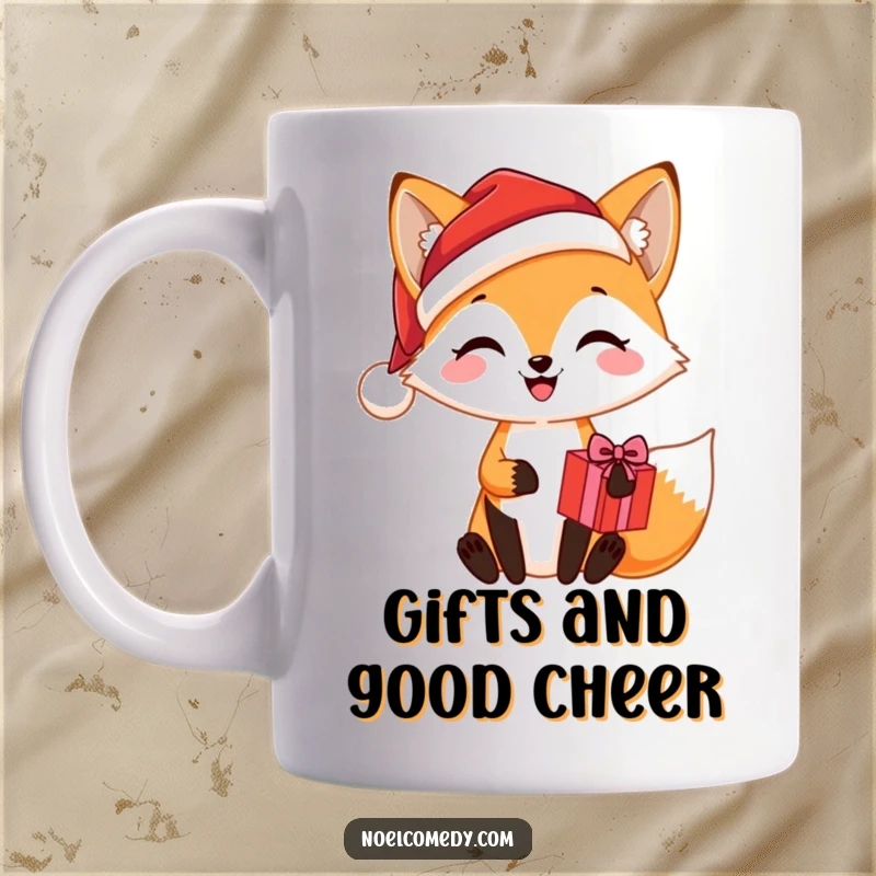 Funny mug featuring a joyful fox wearing a Santa hat and happily holding a wrapped Christmas present, ready to spread holiday cheer.
