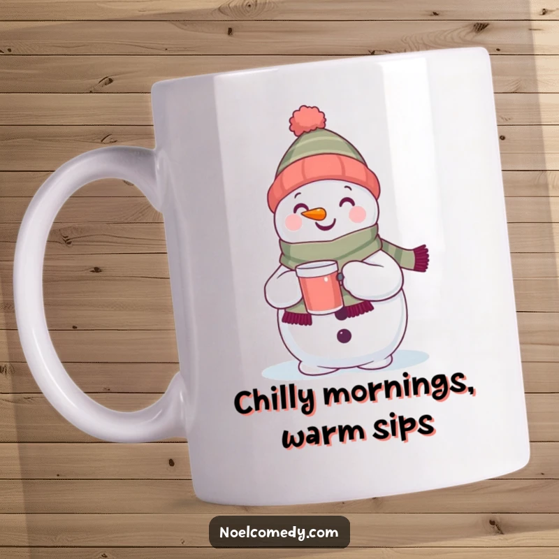 Funny mug showcasing a delighted snowman in a scarf, holding a warm drink, radiating holiday cheer. Perfect for winter.