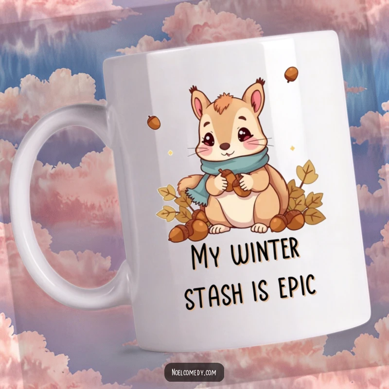 Funny Squirrel Mug: Cute squirrel in a scarf collecting acorns, spreading winter cheer and cozy vibes.