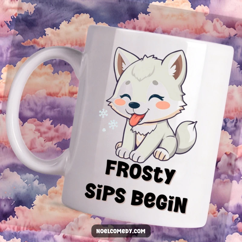 Funny mug showcasing a playful wolf pup with its tongue out, happily catching falling snowflakes in a winter wonderland.
