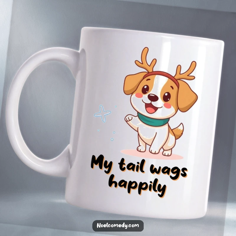 Funny Mug featuring a happy dog wearing a reindeer headband, joyfully chasing a single scattered snowflake.