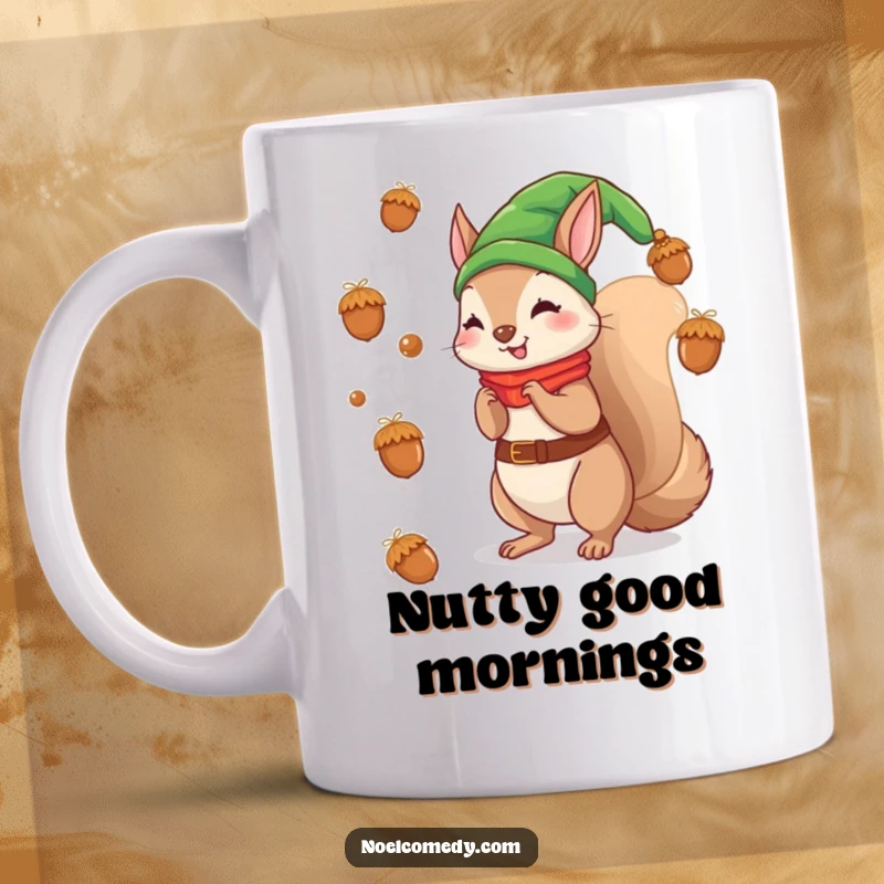 Funny mug featuring a playful squirrel dressed as an elf, tossing acorns like festive ornaments.