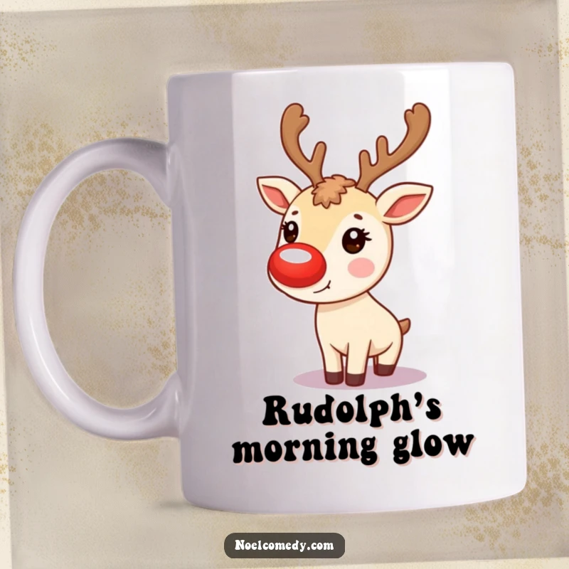 Funny Mug: A cute reindeer with a prominently glowing red nose, ready to guide your holiday spirit.