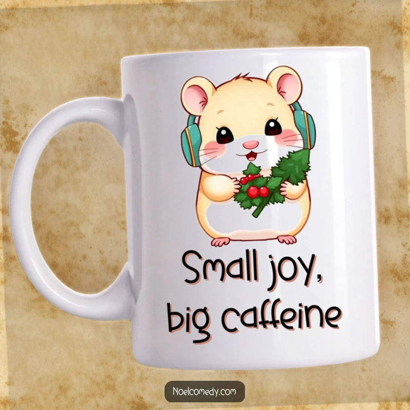 Funny mug shows a cute hamster wearing earmuffs, holding a small decorated evergreen tree, embodying winter charm.