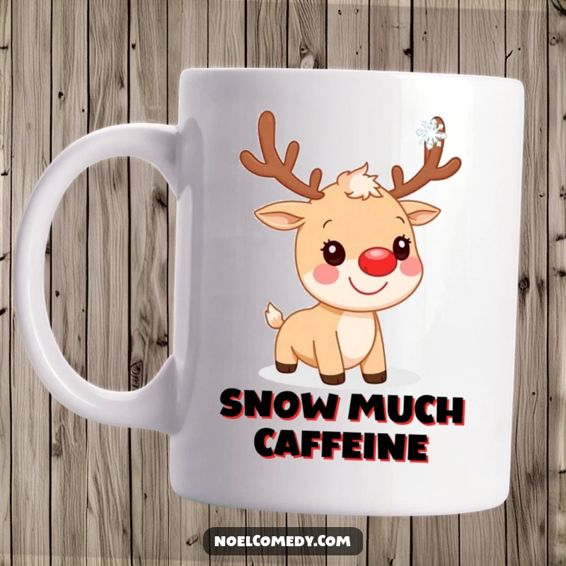 Funny Mug: A smiling reindeer with a bright red nose joyfully catches a delicate snowflake falling from the sky.