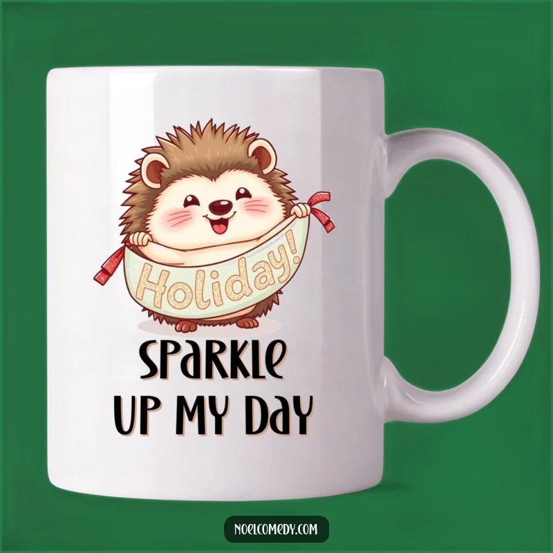 Funny Hedgehog Banner Mug: Glittery Holiday Announcement Fun