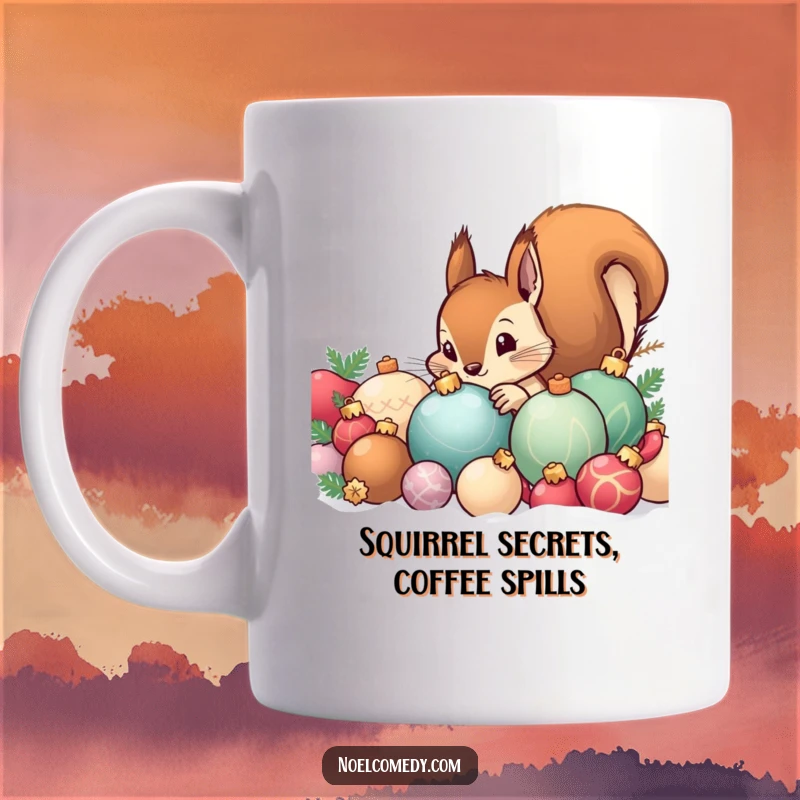 Funny mug showing a curious squirrel peeking playfully from behind a colorful pile of Christmas ornaments, embodying holiday mischief.