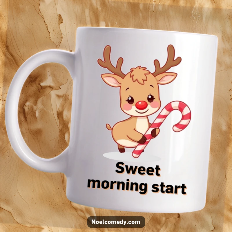 Funny mug featuring a playful reindeer gently nudging a striped candy cane with its nose, embodying festive mischief and joy.